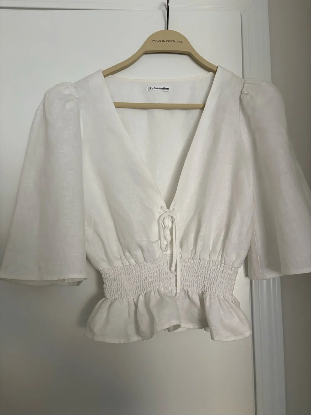 Reformation White Linen V-Neck Smocked Peplum Blouse